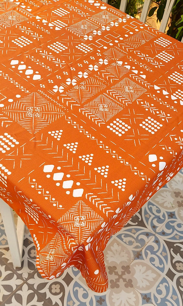 Rust Orange Geometric Pattern Tablecloth | GOTS Certified Organic Cotton | Various Sizes-1