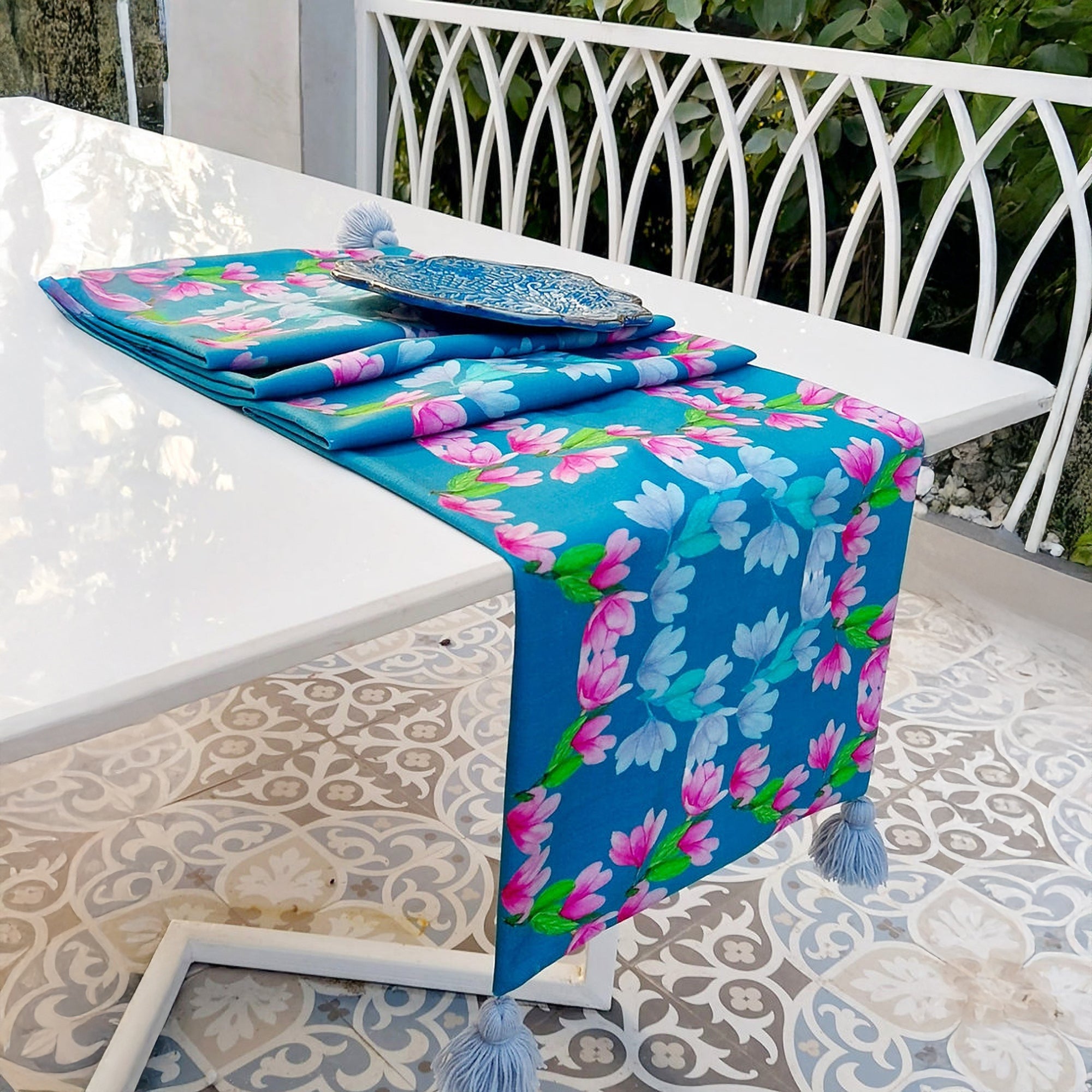 Teal Blue Floral Table Runner | Organic Linen | Tassel Trim | 92-305cm-1