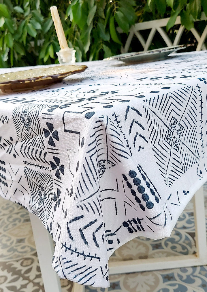 White & Blue Geometric Tablecloth | GOTS Certified Organic Cotton | Various Sizes-3