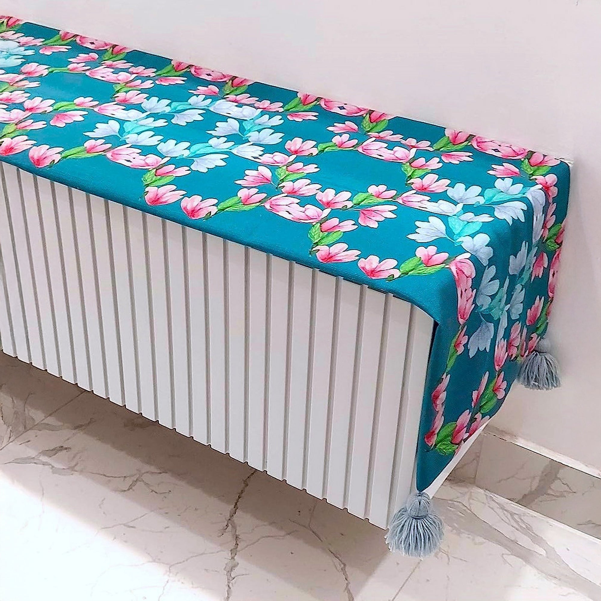 Teal Blue Floral Table Runner | Organic Linen | Tassel Trim | 92-305cm-2