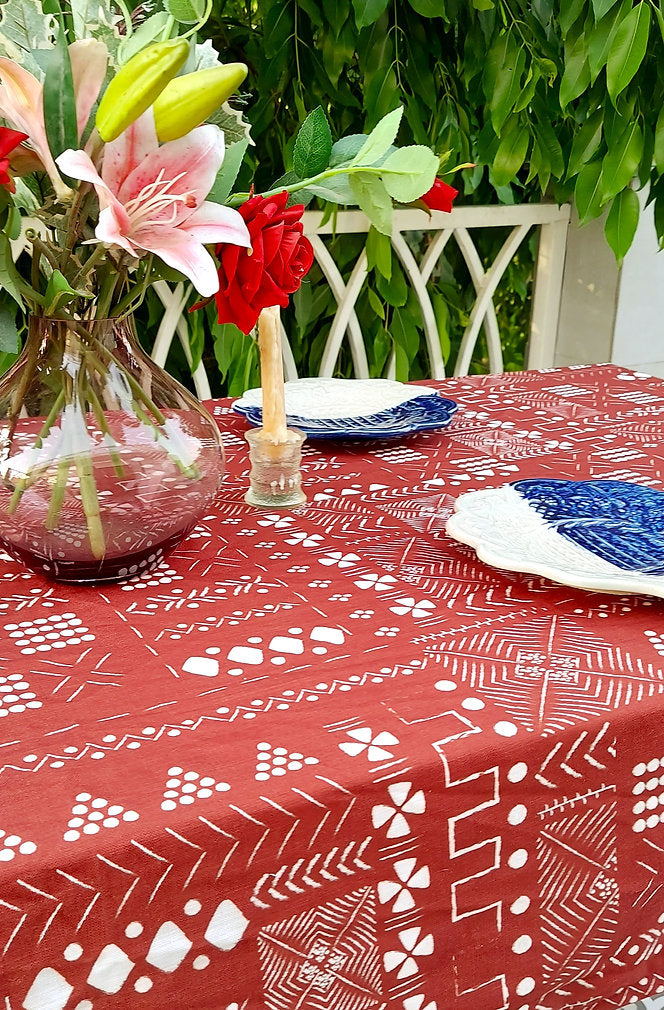 Red Geometric Print Tablecloth | GOTS Certified Organic Cotton | Various Sizes-2