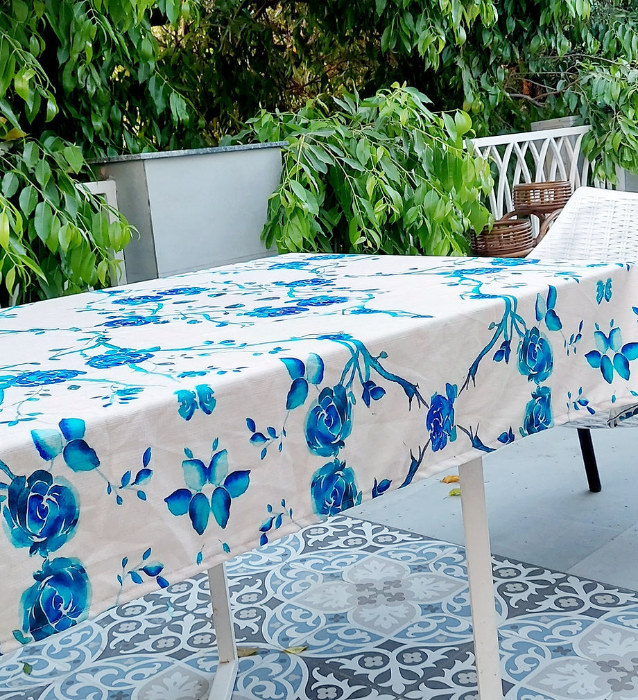 White & Blue Rose Tablecloth | GOTS Certified Organic Cotton | Various Sizes-0