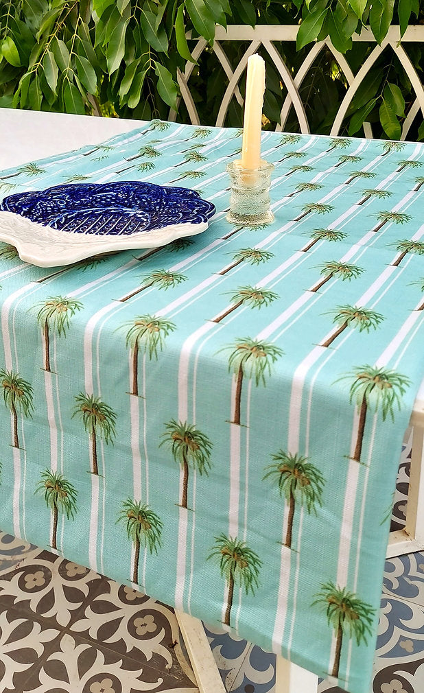 Aqua Palm Tree Print Tablecloth | GOTS Certified Organic Cotton | Various Sizes-2