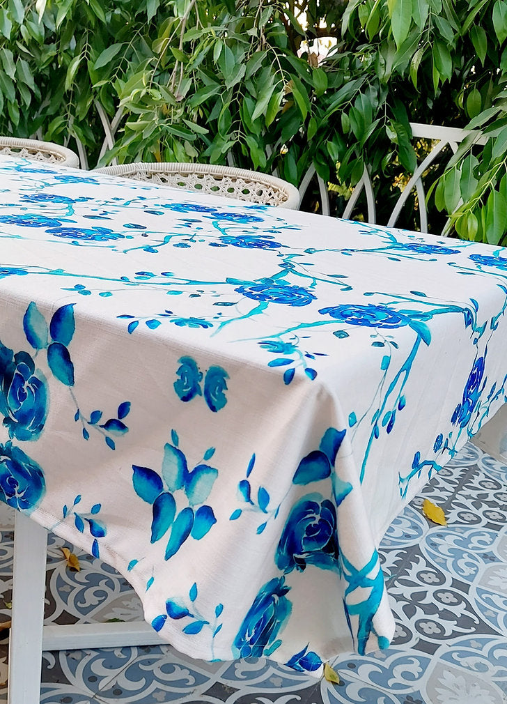 White & Blue Rose Tablecloth | GOTS Certified Organic Cotton | Various Sizes-2