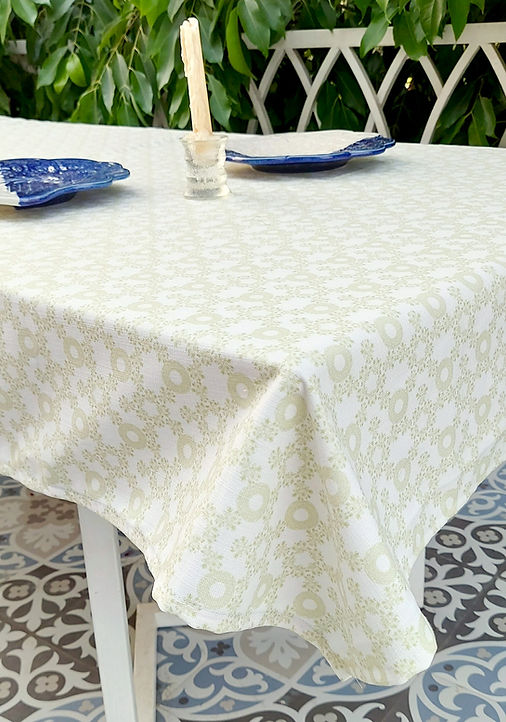 Organic Cotton Tablecloth | White with Beige Floral Print | Various Sizes-0