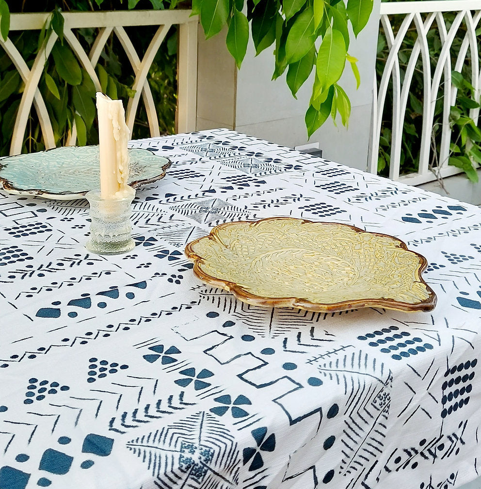 White & Blue Geometric Tablecloth | GOTS Certified Organic Cotton | Various Sizes-0