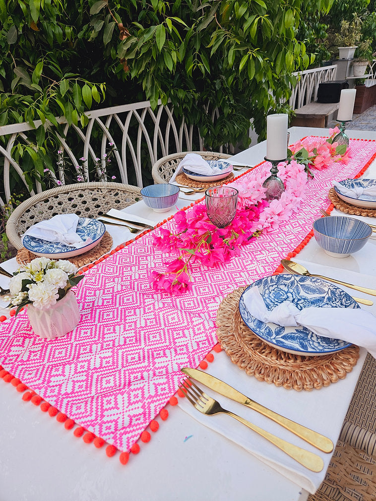 Organic Cotton Table Runner | Aztec Geometric Pattern | Pom Pom Trim | 92-305cm-0