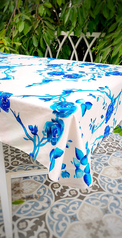 White & Blue Rose Tablecloth | GOTS Certified Organic Cotton | Various Sizes-1