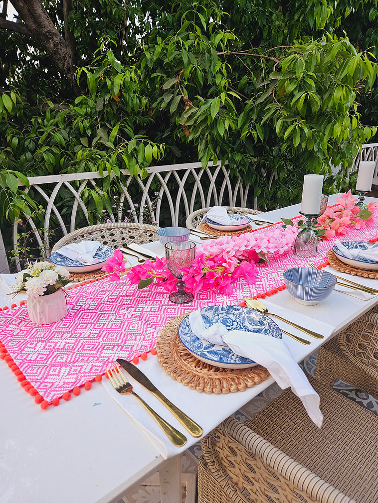 Organic Cotton Table Runner | Aztec Geometric Pattern | Pom Pom Trim | 92-305cm-3