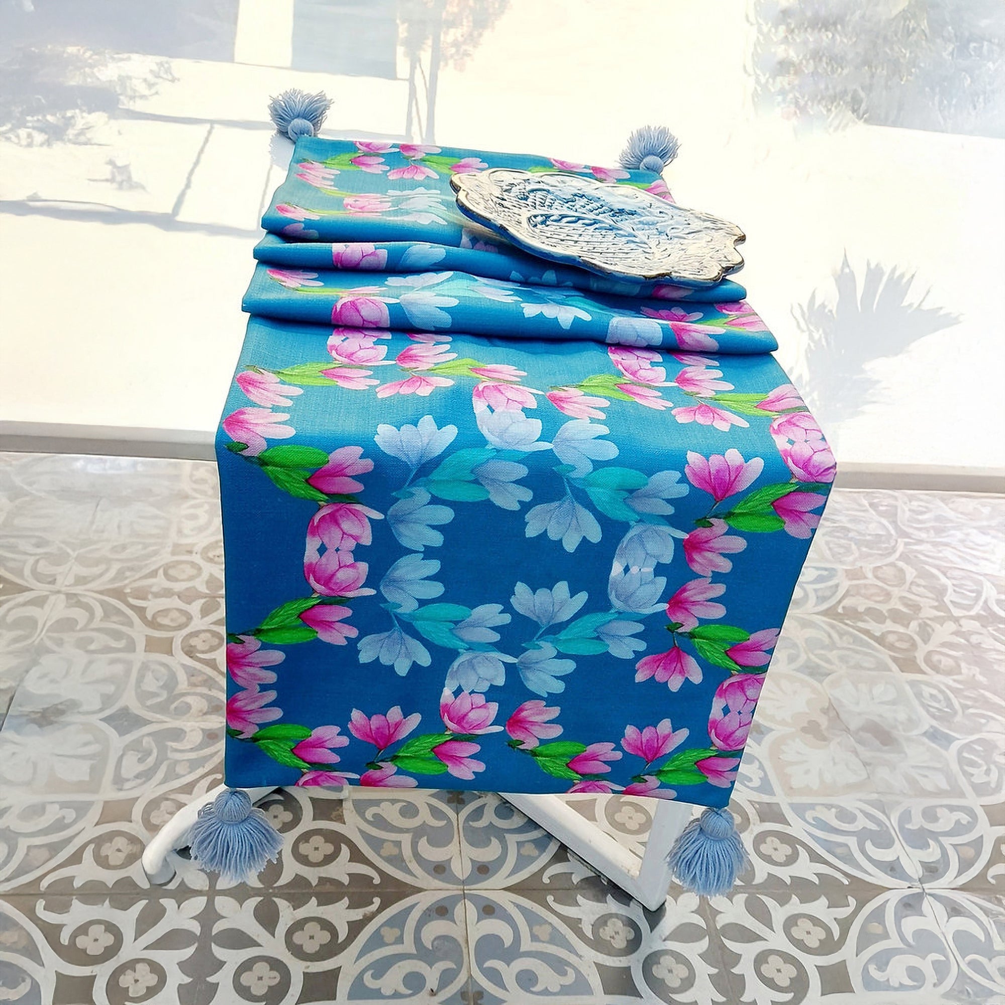 Teal Blue Floral Table Runner | Organic Linen | Tassel Trim | 92-305cm-0