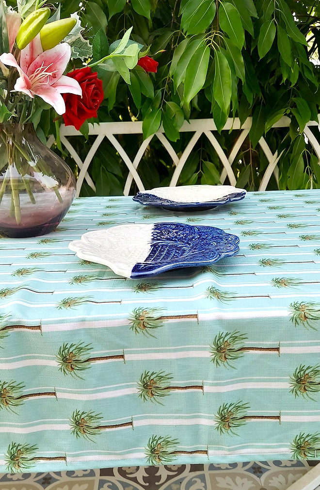 Aqua Palm Tree Print Tablecloth | GOTS Certified Organic Cotton | Various Sizes-3