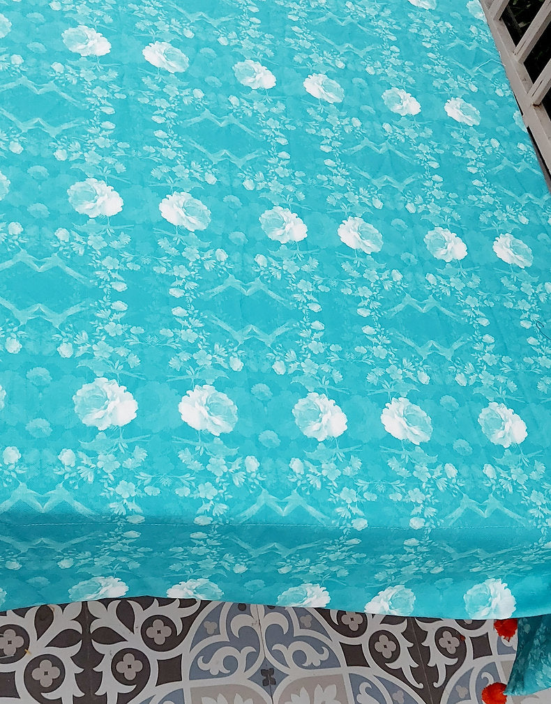 Turquoise Floral Pom-Pom Tablecloth | GOTS Certified Organic Cotton | Various Sizes-2