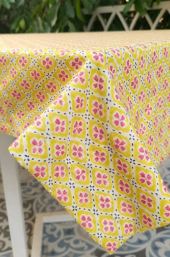 Yellow Floral Print Tablecloth | GOTS Certified Organic Cotton | Various Sizes-1