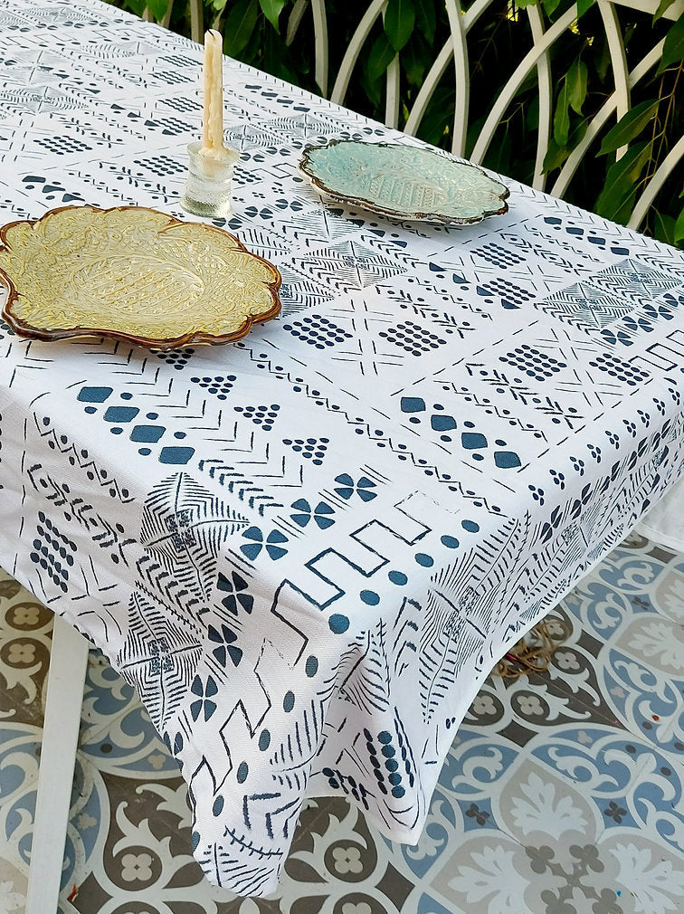 White & Blue Geometric Tablecloth | GOTS Certified Organic Cotton | Various Sizes-1