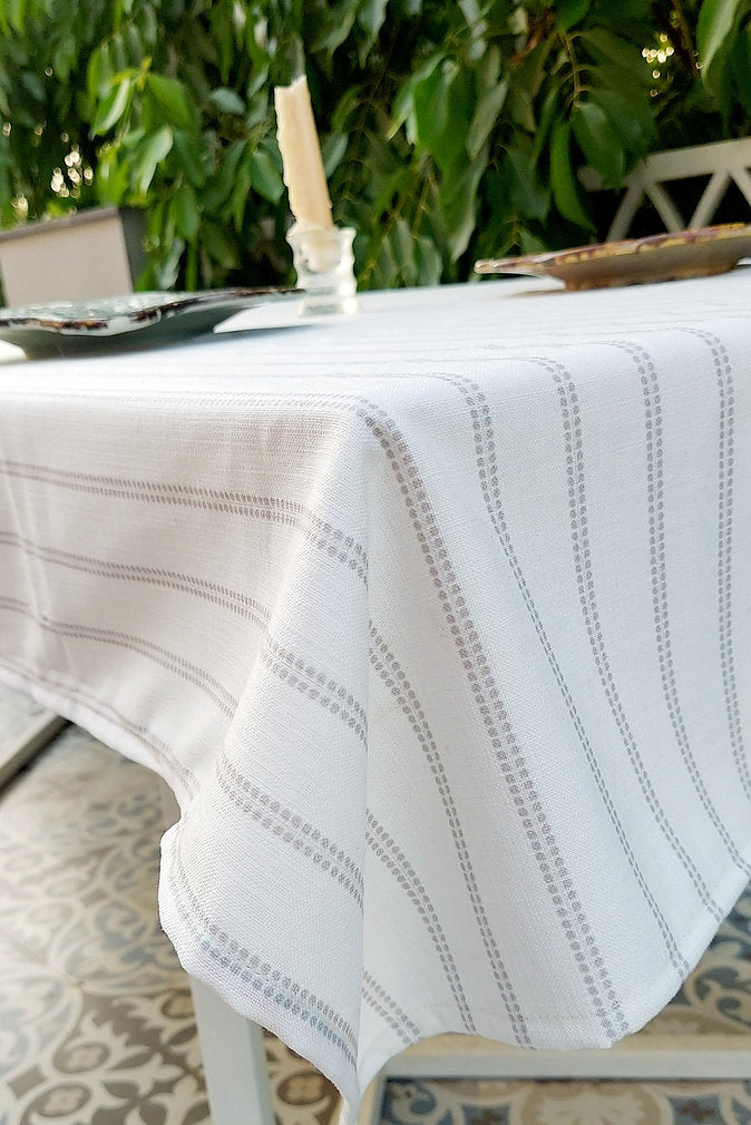 White & Grey Striped Tablecloth | GOTS Certified Organic Cotton | Various Sizes-1