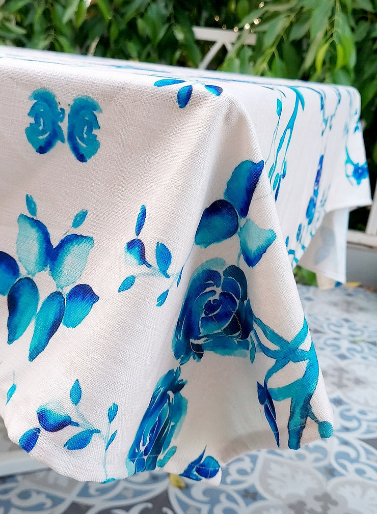 White & Blue Rose Tablecloth | GOTS Certified Organic Cotton | Various Sizes-4