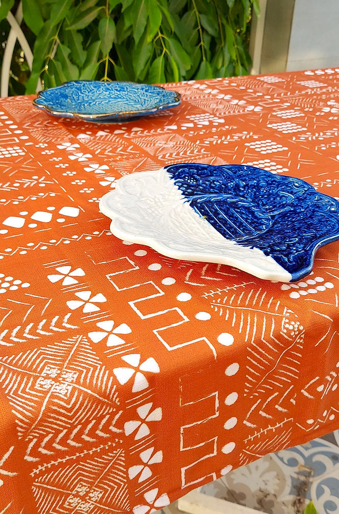 Rust Orange Geometric Pattern Tablecloth | GOTS Certified Organic Cotton | Various Sizes-3