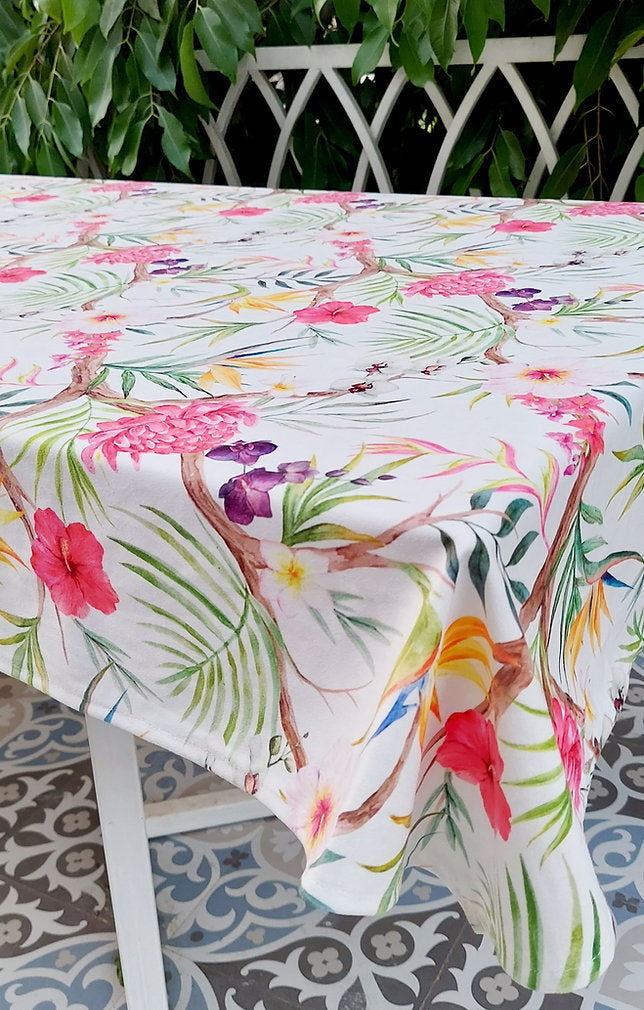 Tropical Floral Print Tablecloth | GOTS Certified Organic Cotton | Various Sizes-2