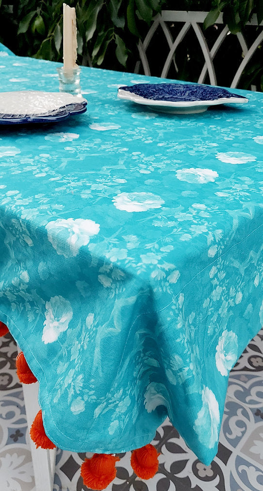 Turquoise Floral Pom-Pom Tablecloth | GOTS Certified Organic Cotton | Various Sizes-3