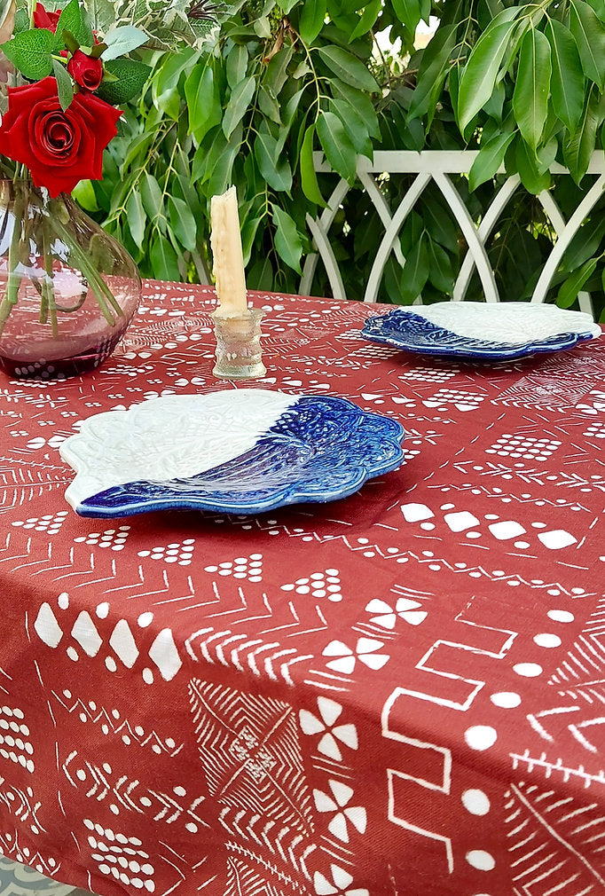 Red Geometric Print Tablecloth | GOTS Certified Organic Cotton | Various Sizes-1