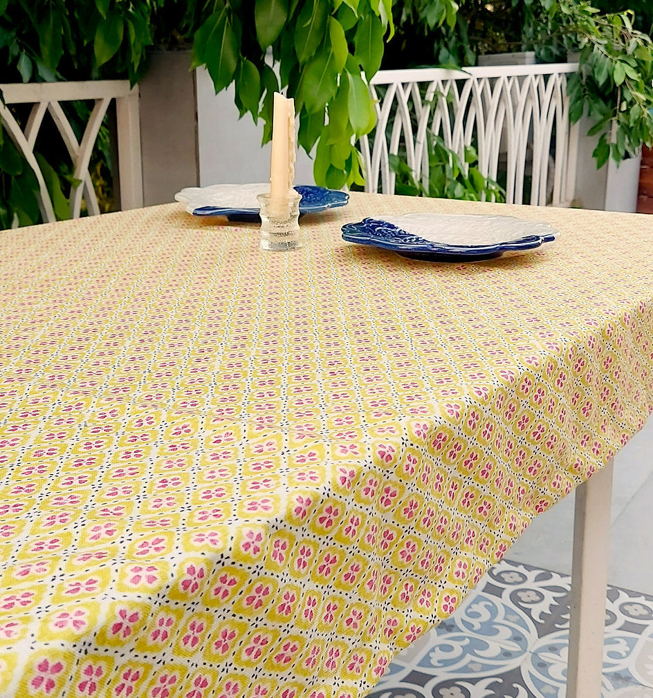 Yellow Floral Print Tablecloth | GOTS Certified Organic Cotton | Various Sizes-0