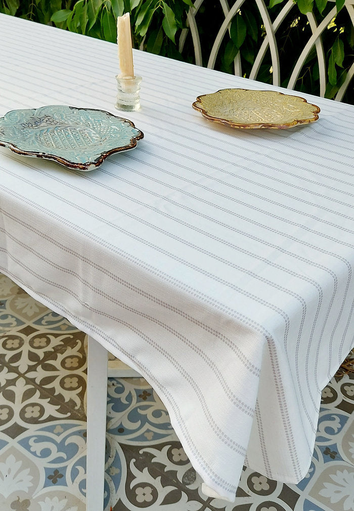 White & Grey Striped Tablecloth | GOTS Certified Organic Cotton | Various Sizes-0