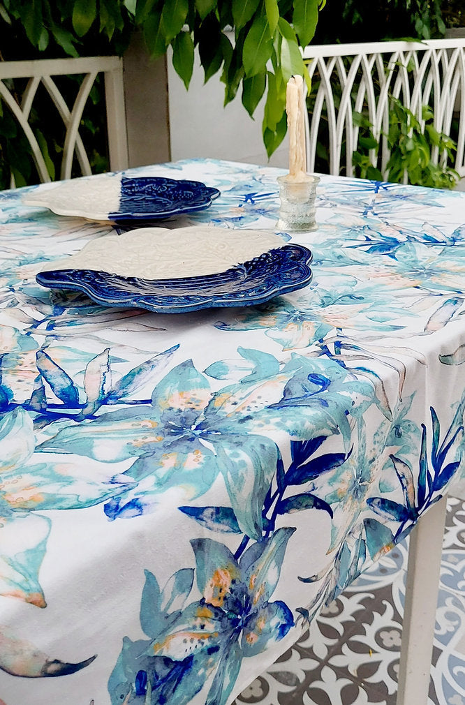 Blue Lily Print Tablecloth | GOTS Certified Organic Cotton | Various Sizes-1