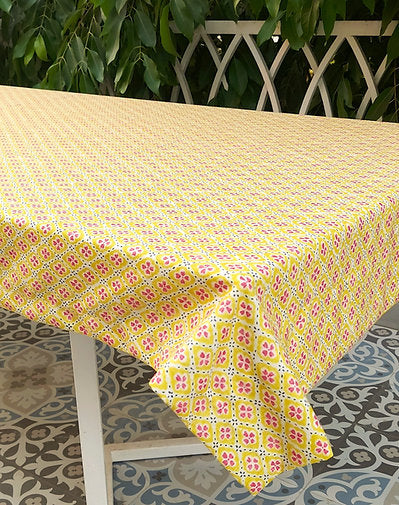 Yellow Floral Print Tablecloth | GOTS Certified Organic Cotton | Various Sizes-3