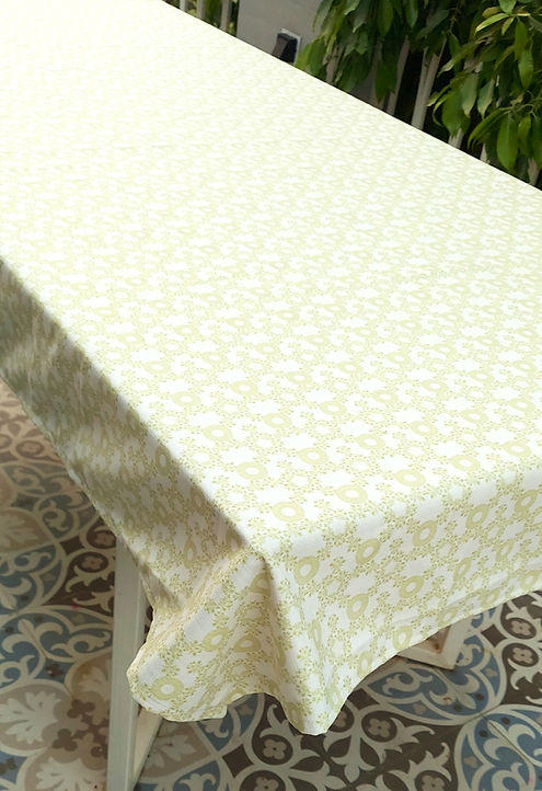 Organic Cotton Tablecloth | White with Beige Floral Print | Various Sizes-1