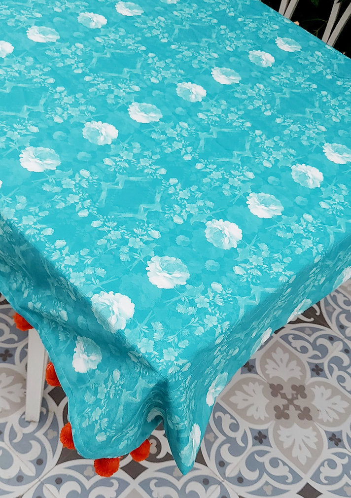 Turquoise Floral Pom-Pom Tablecloth | GOTS Certified Organic Cotton | Various Sizes-0