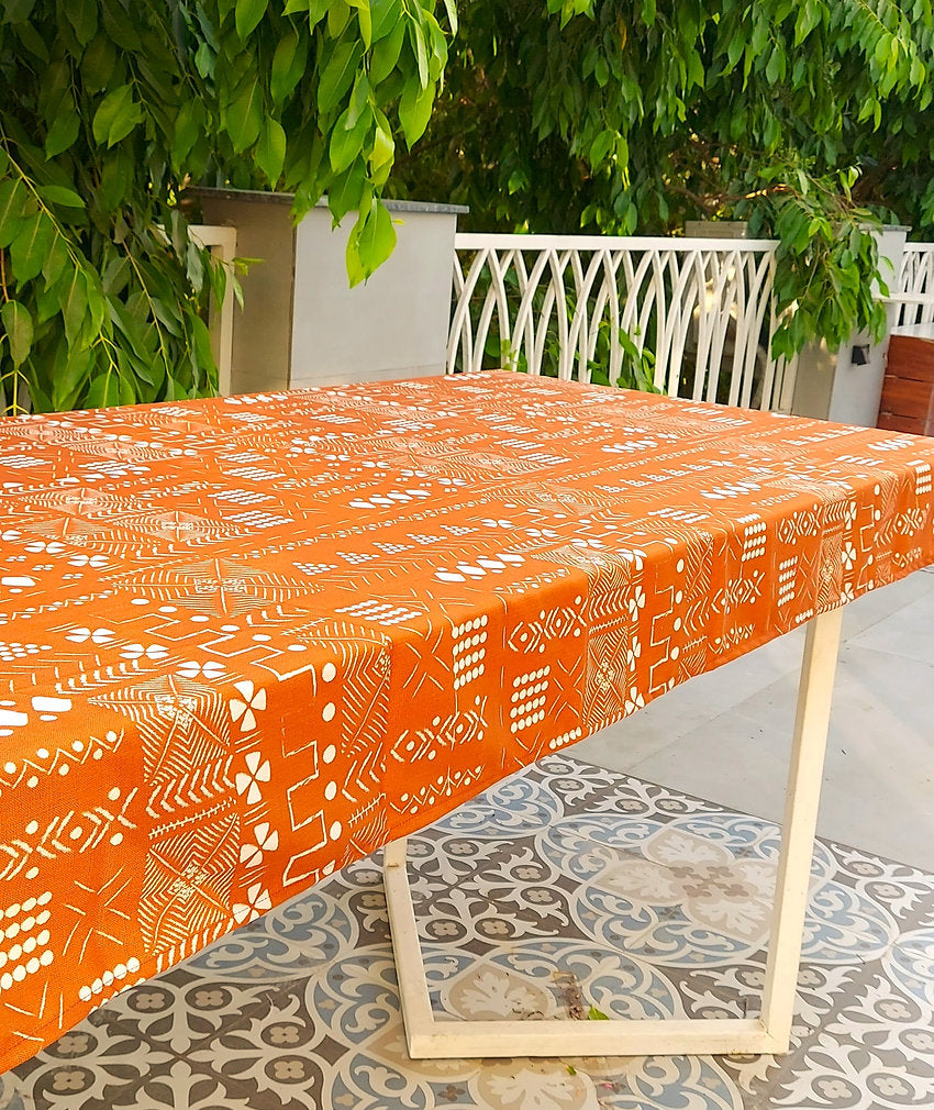 Rust Orange Geometric Pattern Tablecloth | GOTS Certified Organic Cotton | Various Sizes-2