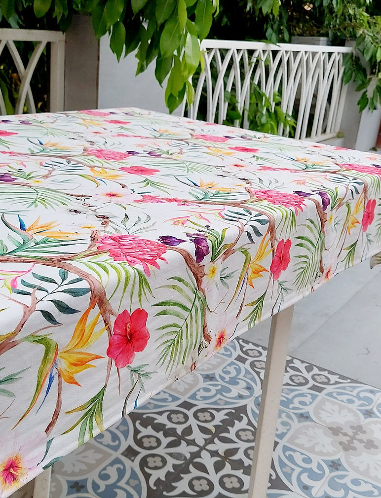 Tropical Floral Print Tablecloth | GOTS Certified Organic Cotton | Various Sizes-0