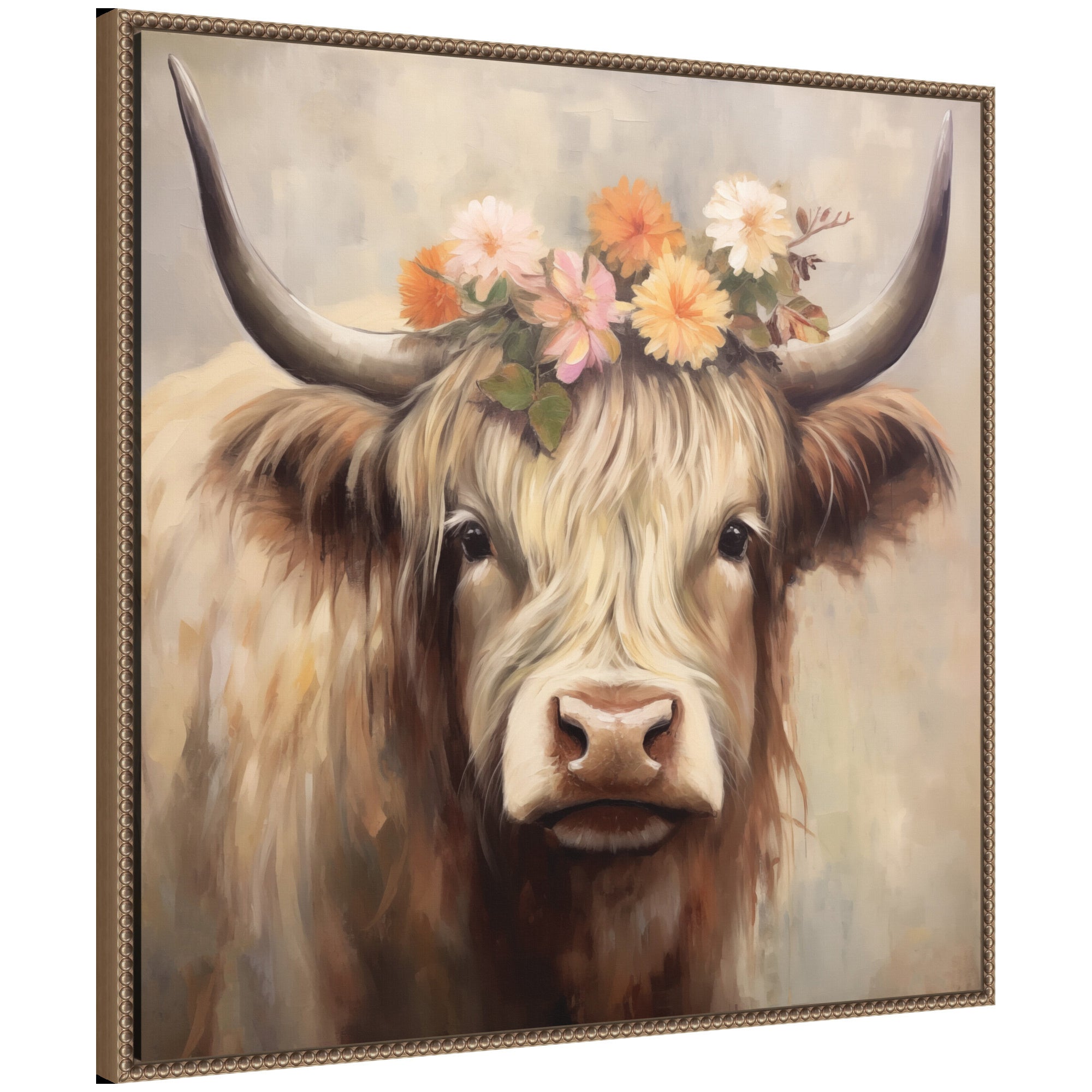 Sylvie Adorable Floral Boho Highland Cow Framed Canvas by The Creative Bunch Studio