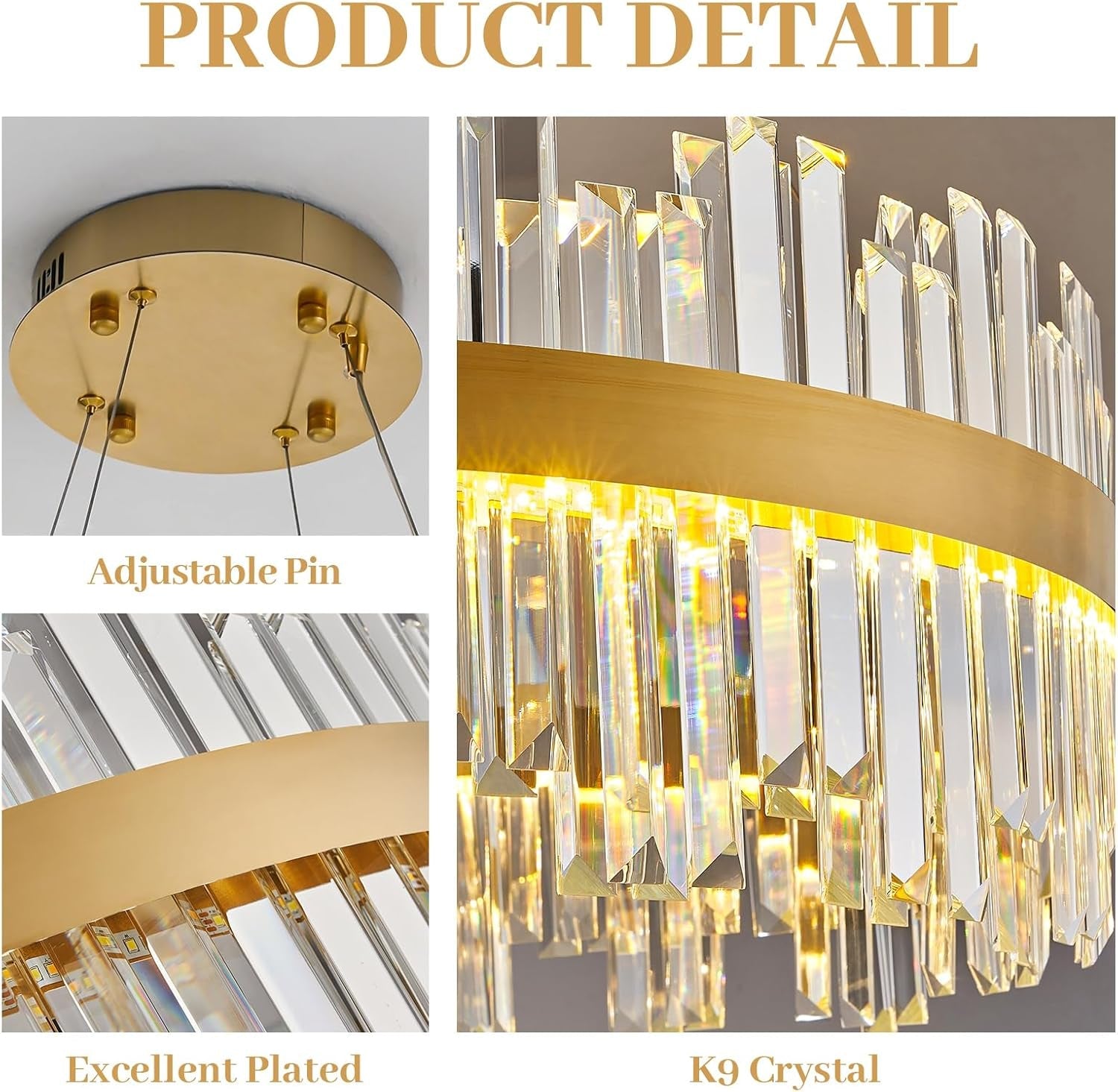 19.7 Inches Dimmable Crystal Pendant Chandelier Gold-3