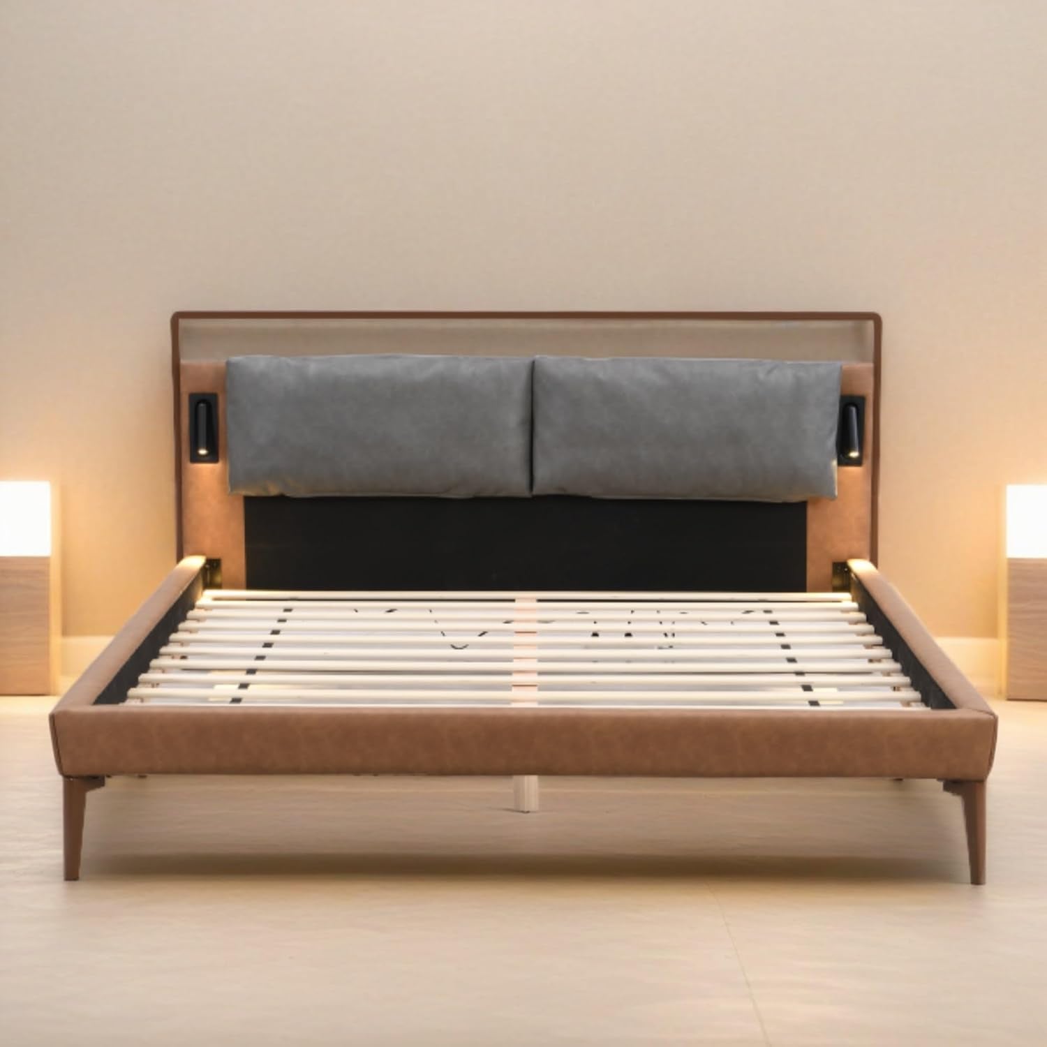 Brown Upholstered Bed Frame With Integrated Night Lights