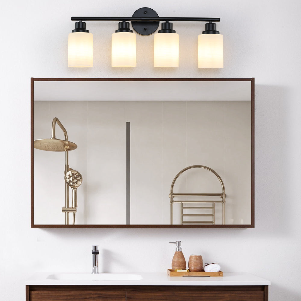 Vanity Light Fixture | 4/5/6/8-Light Bathroom Wall Sconce with Frosted White Glass & Iron Frame — Black, Chrome or Gold, 4 Sizes