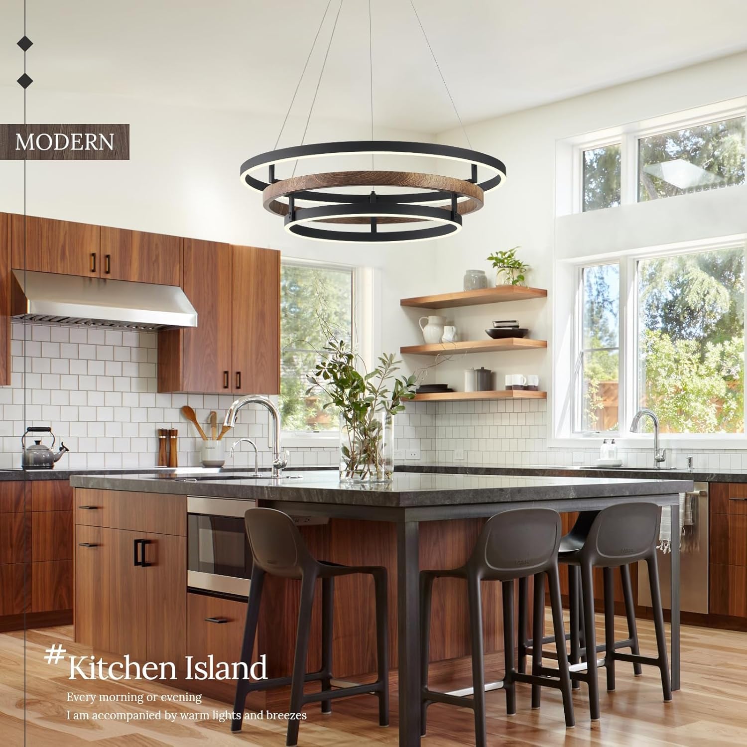 Matte Black Triple Ring LED 24 Inch Chandelier Fixture-2