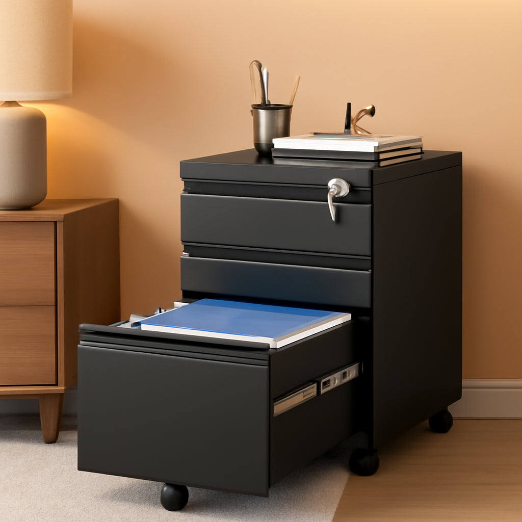 Three Drawer File Cabinet On Wheels With Lock Black Metal