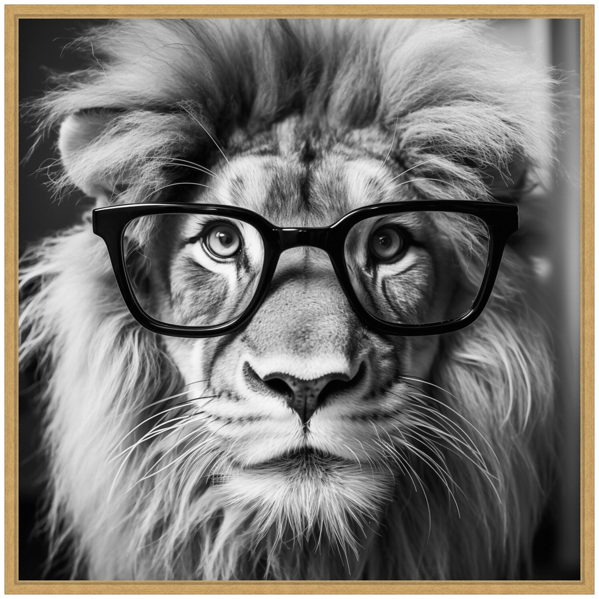 Sylvie Black and White Lion in Reading Glasses Framed Canvas by The Creative Bunch Studio