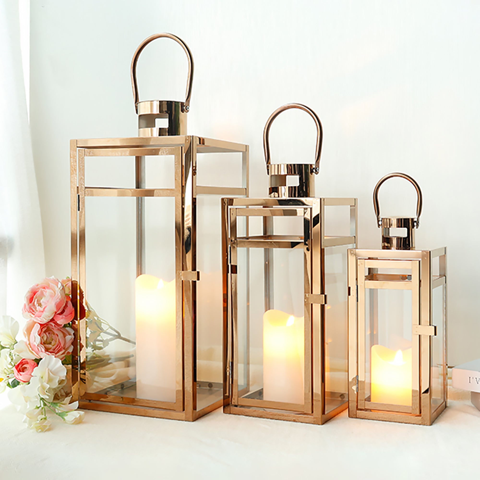 19''&15''&12'' H Stainless Steel Metal Candle Lantern Candle Holder with Temper Glass Panels(Set of 3 Rose Gold)-0
