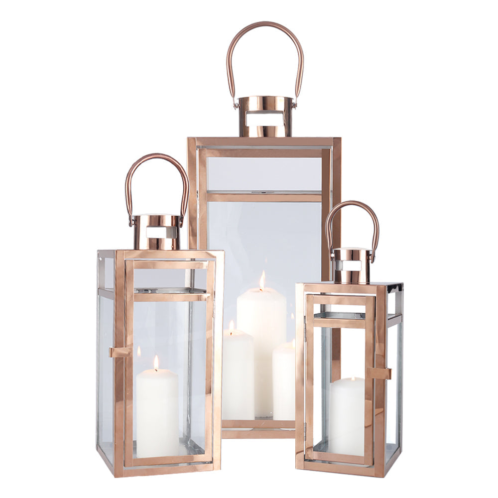 19''&15''&12'' H Stainless Steel Metal Candle Lantern Candle Holder with Temper Glass Panels(Set of 3 Rose Gold)-4