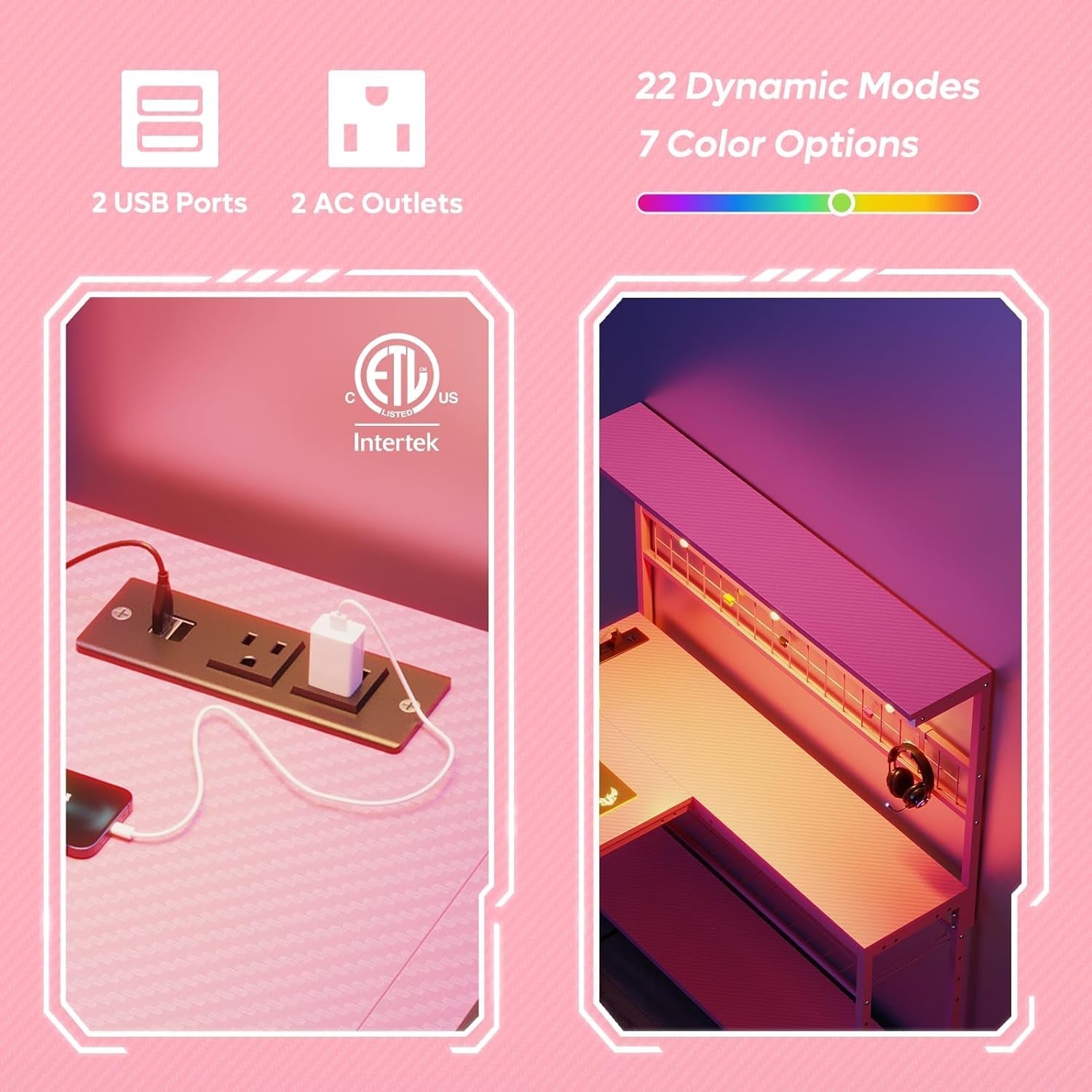 51 Inch L Shaped Gaming Desk Pink With Power Outlets And LED Lights