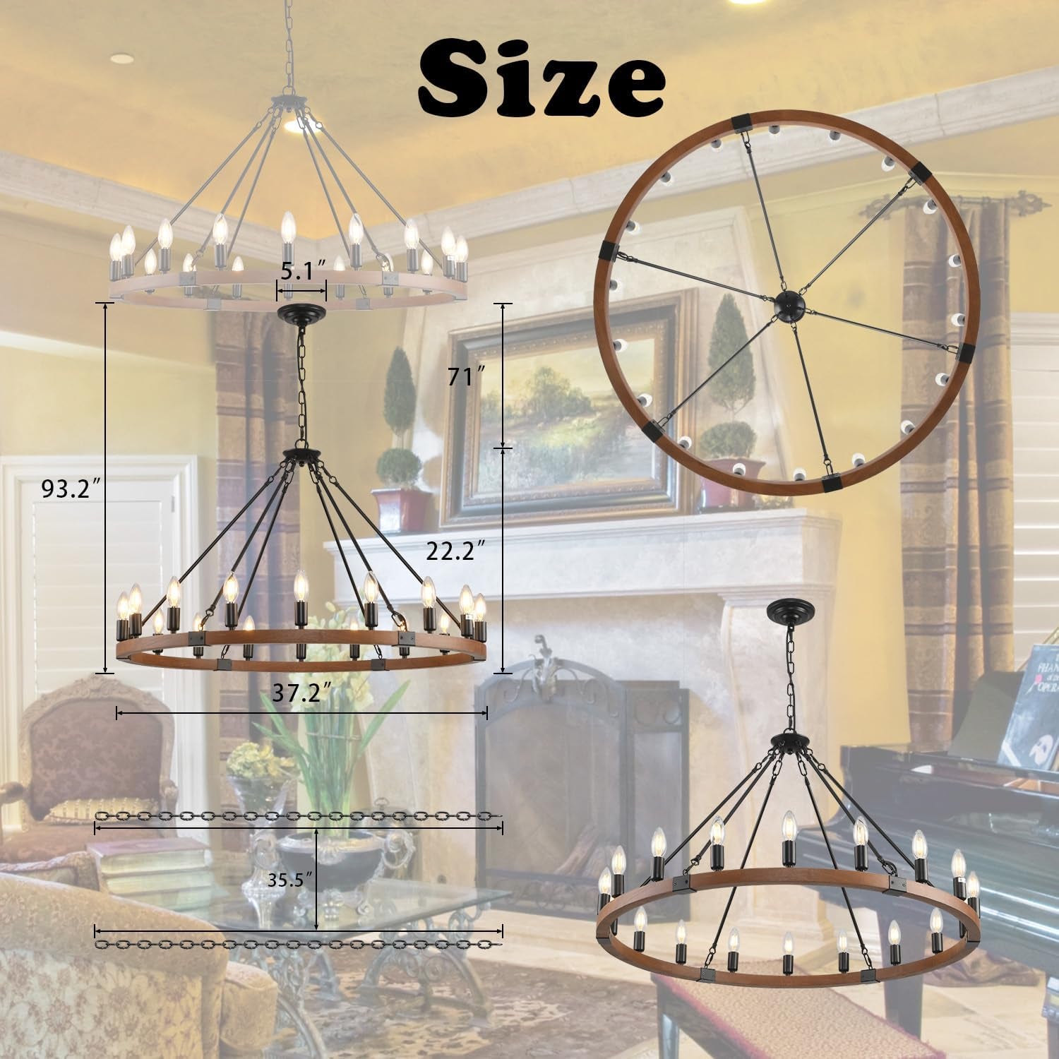 38 Inches Rustic Wooden Wagon Wheel Chandelier Black-2