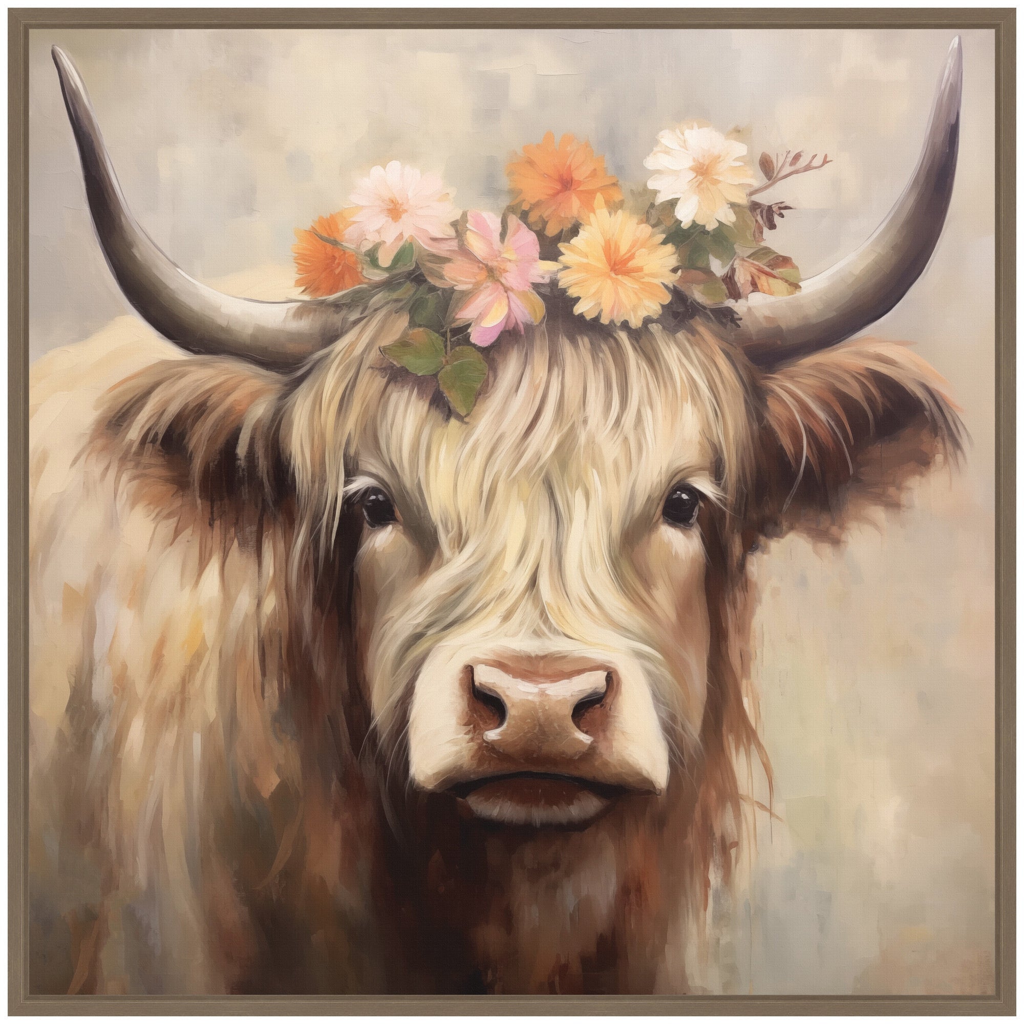 Sylvie Adorable Floral Boho Highland Cow Framed Canvas by The Creative Bunch Studio