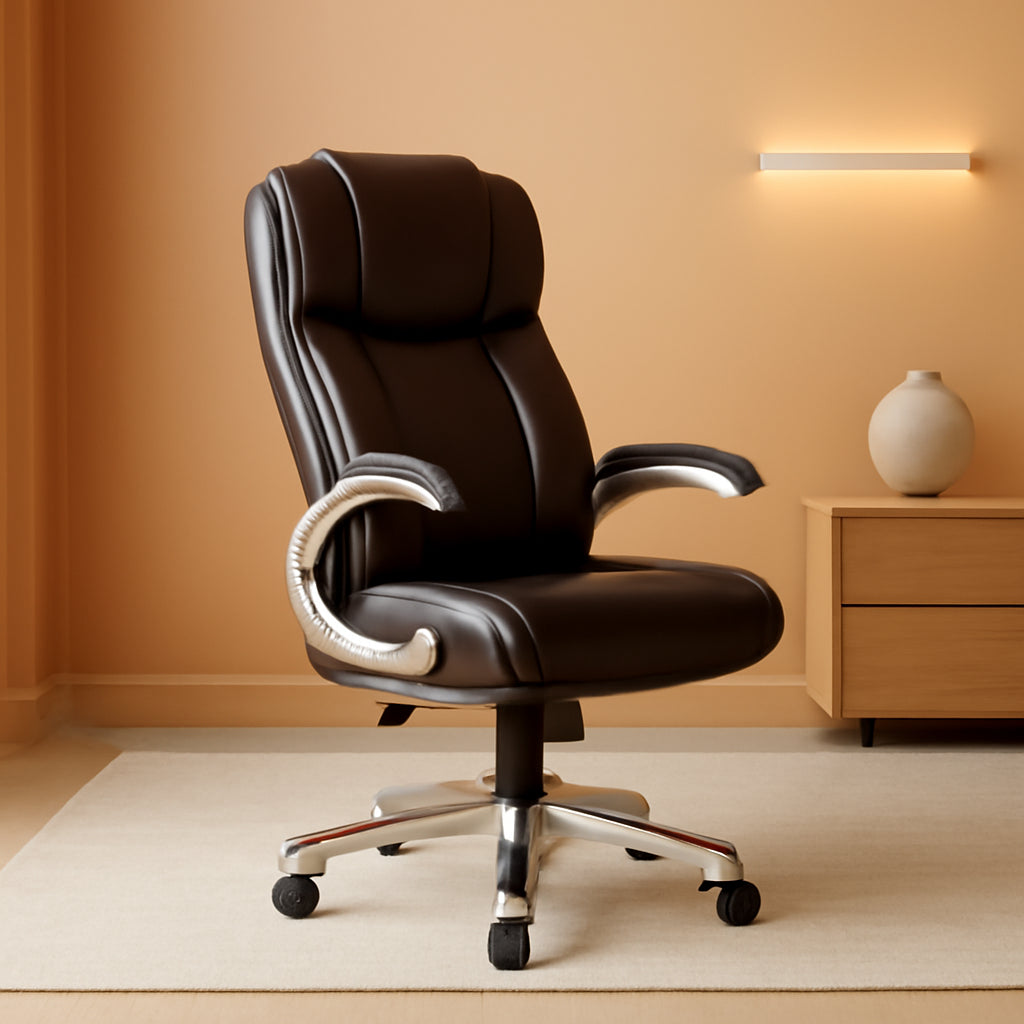 Two Brown Leather Executive Office Chairs Set With Adjustable Rolling