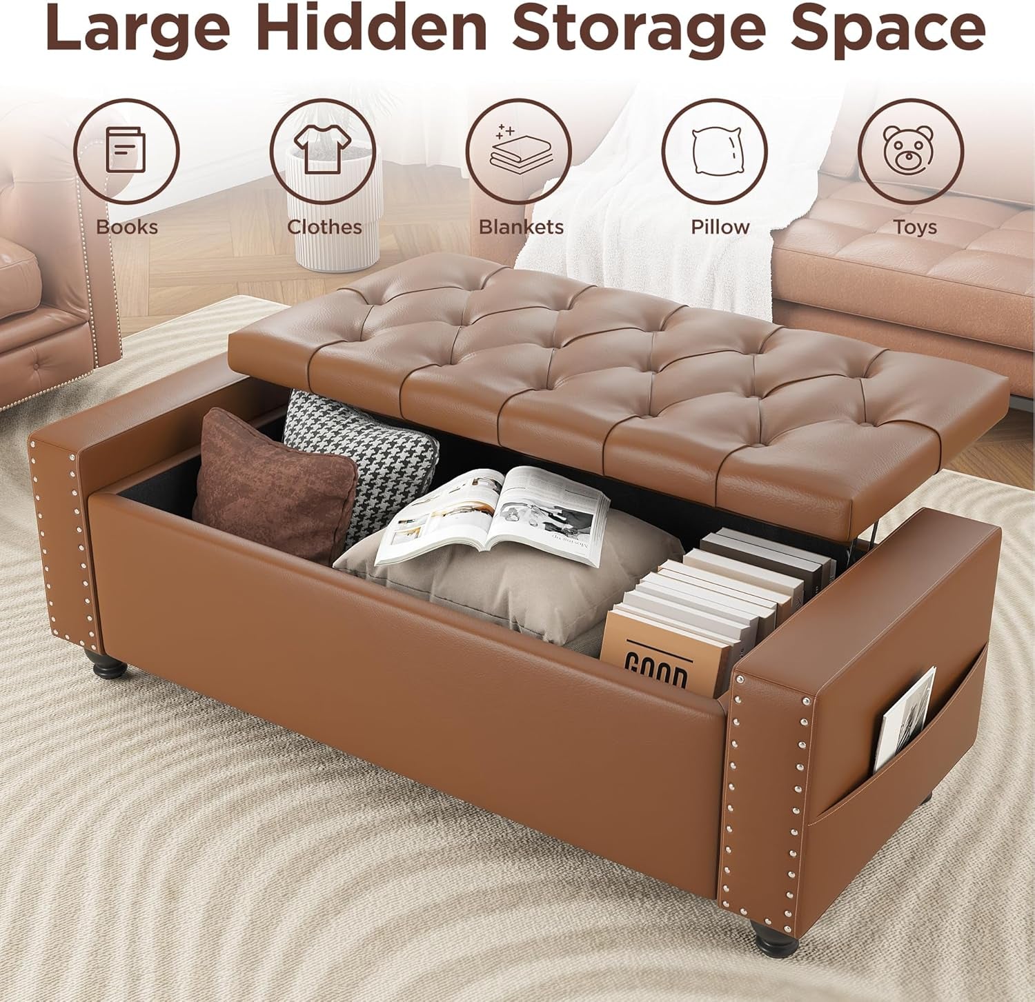 49 Inch Upholstered Storage Ottoman Bench Espresso Brown
