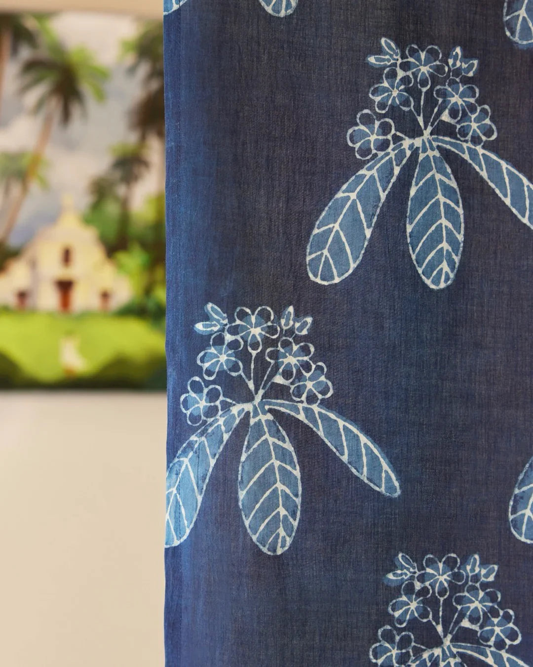 Indigo Blue Hand Block Printed Linen Curtains | Champa Flower Design-0