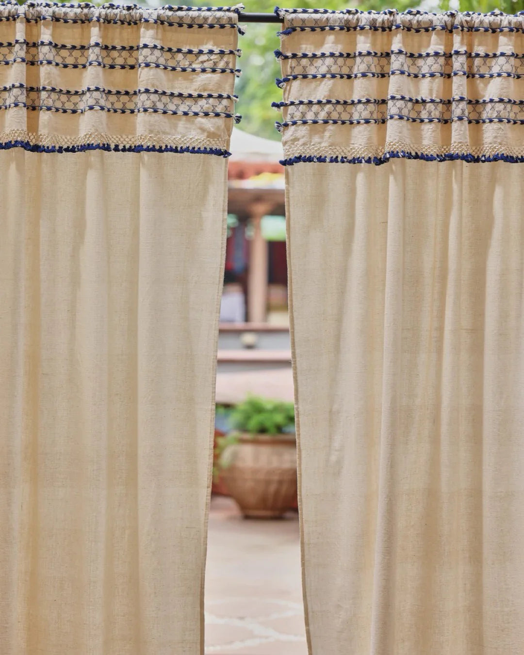 Natural Linen Curtains with Blue Tassels | Rod Pocket-3