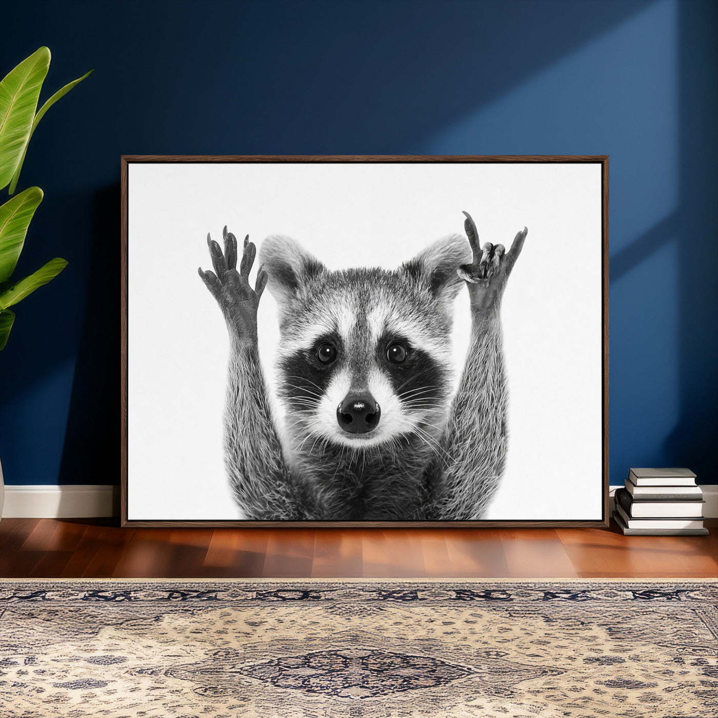 Funny Raccoon Canvas Wall Art, Black White Hands Up Animal Photo Print, Humorous Wildlife Decor, Kids Room Nursery Art, Quirky Animal Gift
