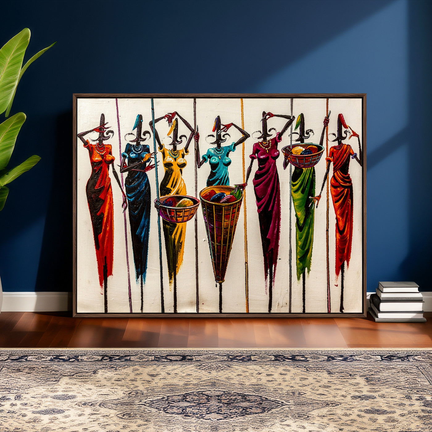 African Folk Art Canvas Wall Art, Colorful African Women Village Painting Print, Tribal Ethnic Home Decor, Vibrant African Art, Living Room